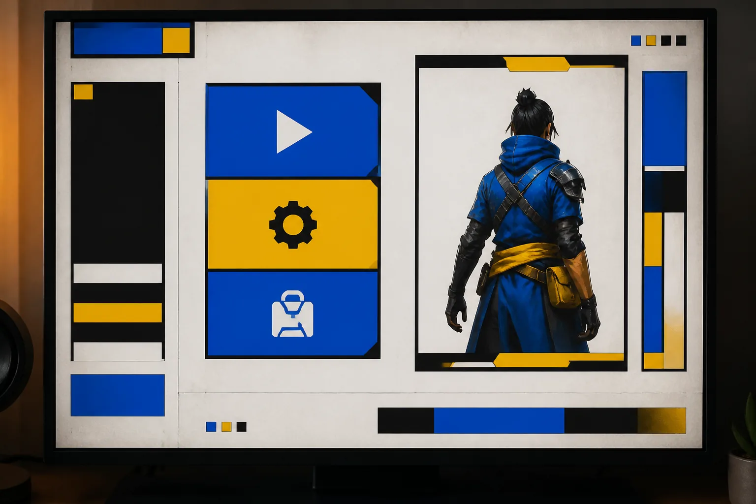 Flat neo-brutalist game main-menu mockup with play, settings and inventory buttons and a character portrait frame in blue and yellow