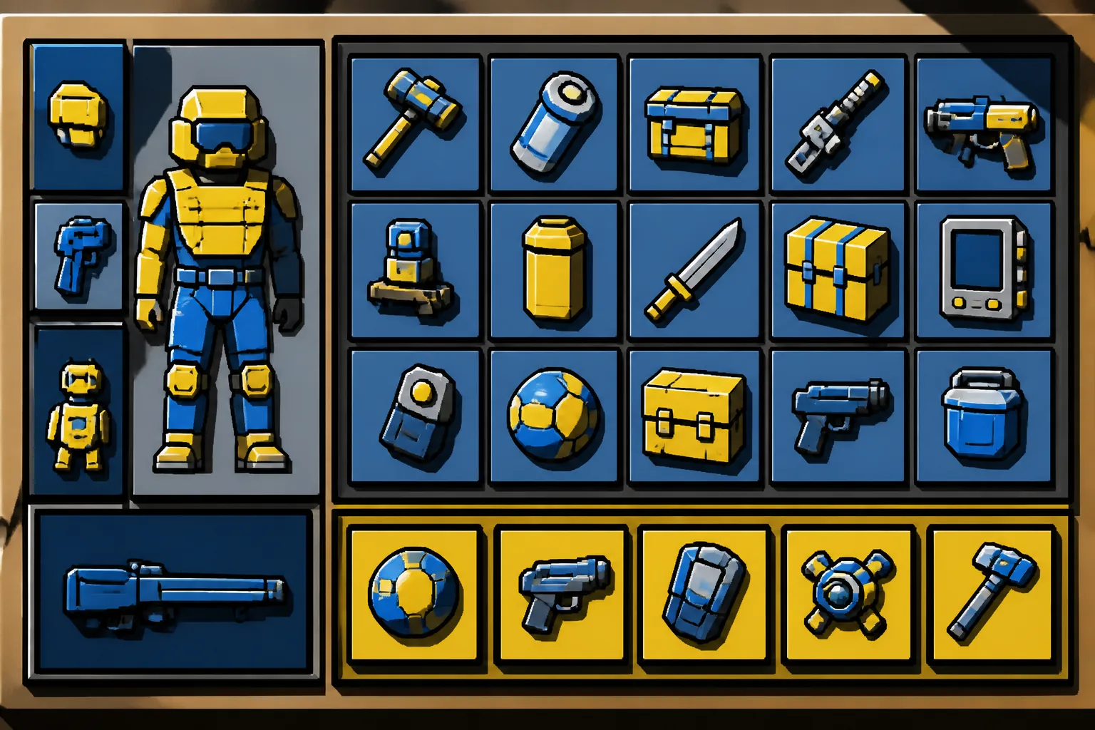 Flat game inventory grid of bordered item slots in blue and yellow