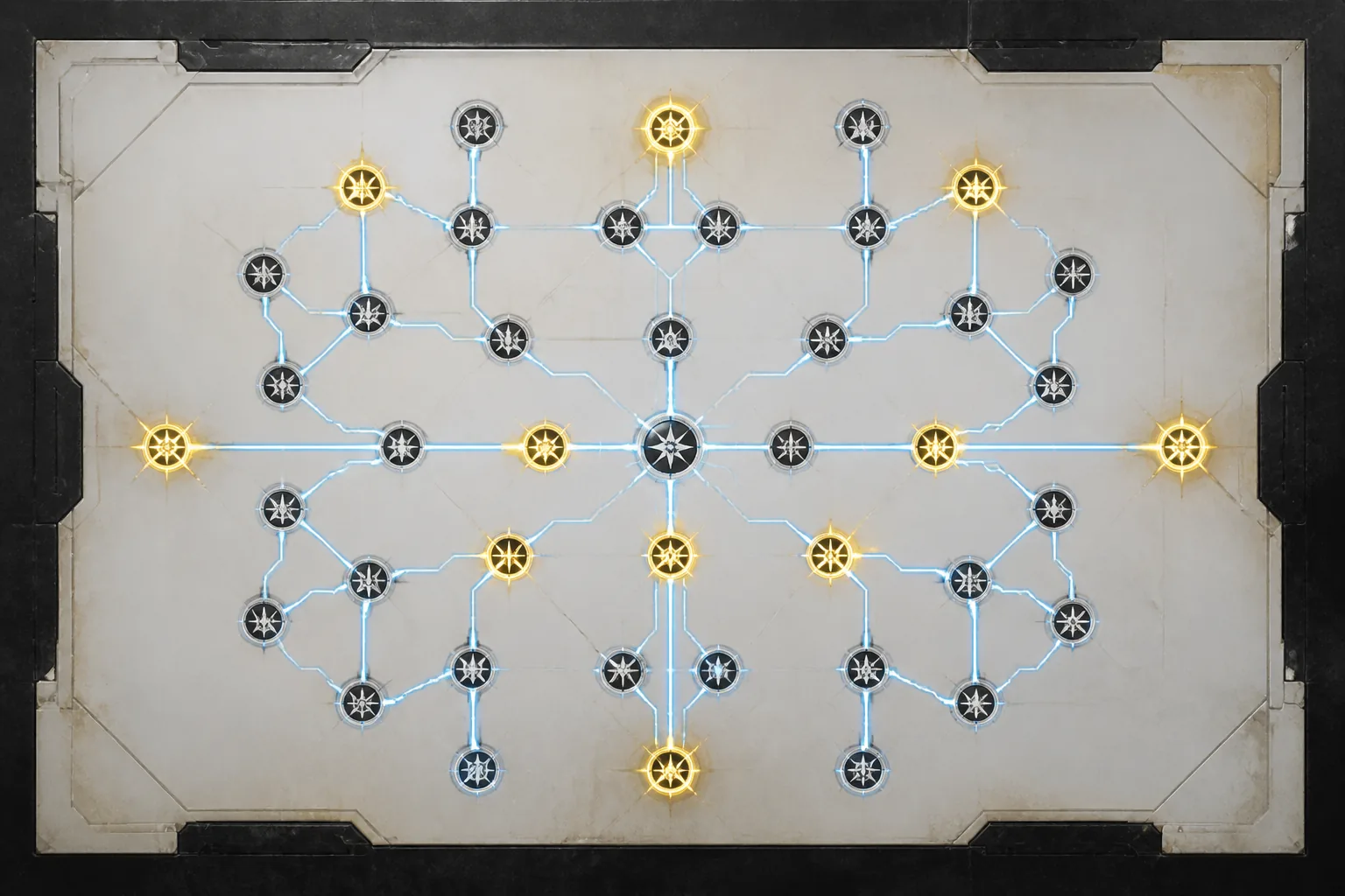 Game skill tree screen with connected nodes and branches in blue with yellow highlights