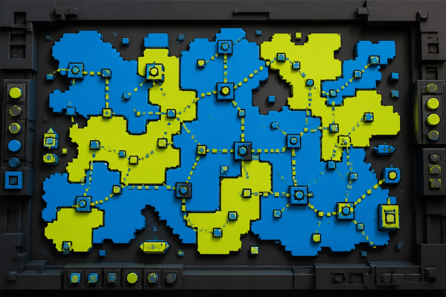 Flat game world map screen with blocky regions and path markers in blue and yellow