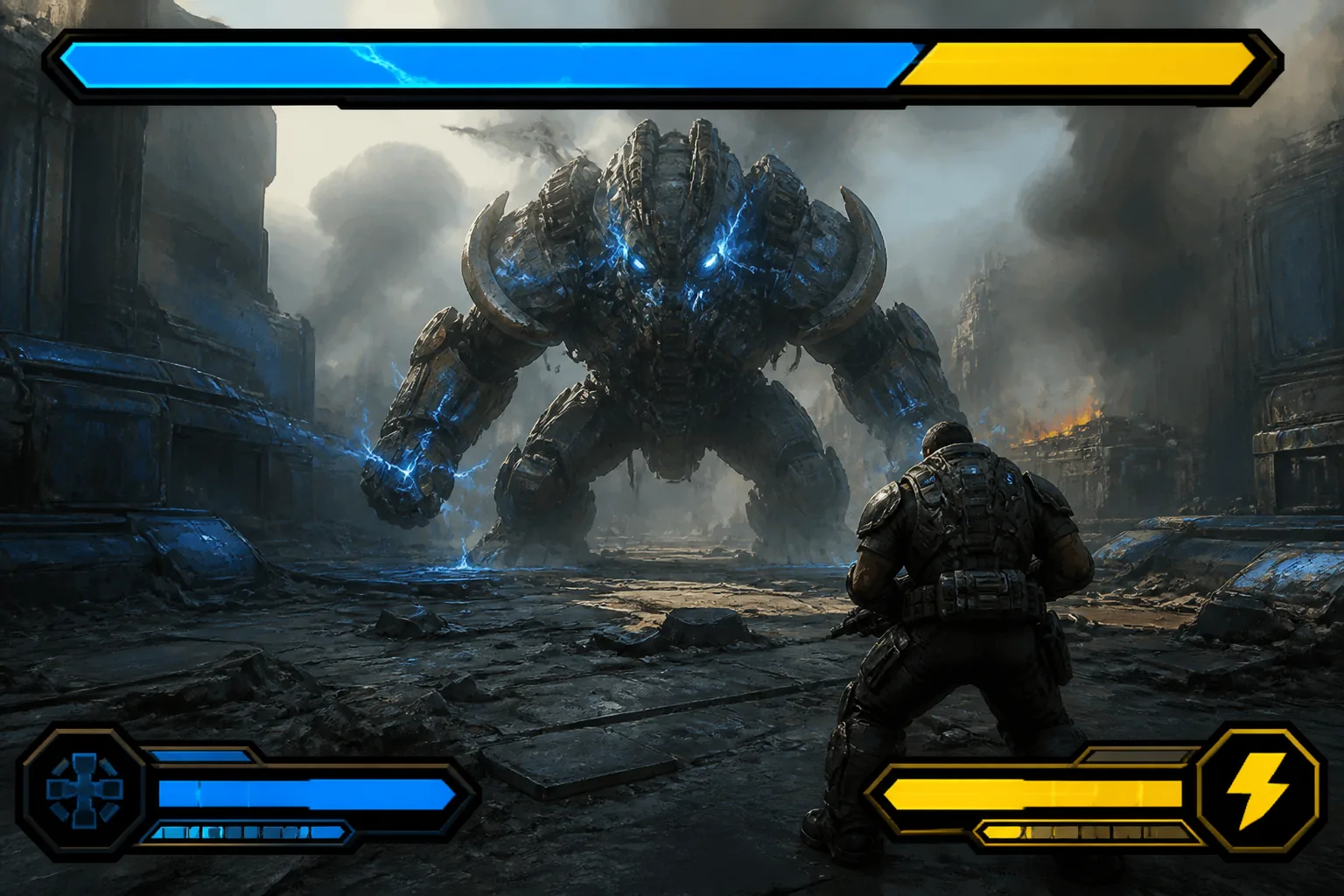 Bold game boss health bar and combat HUD with a wide segmented energy bar
