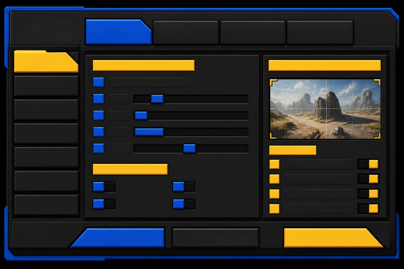 Flat game settings screen with tabbed panels, toggles and sliders in blue and yellow